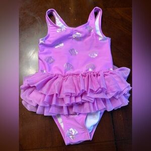 Cat & Jack Pink Ruffle One-Piece Swimsuit with Shell Print